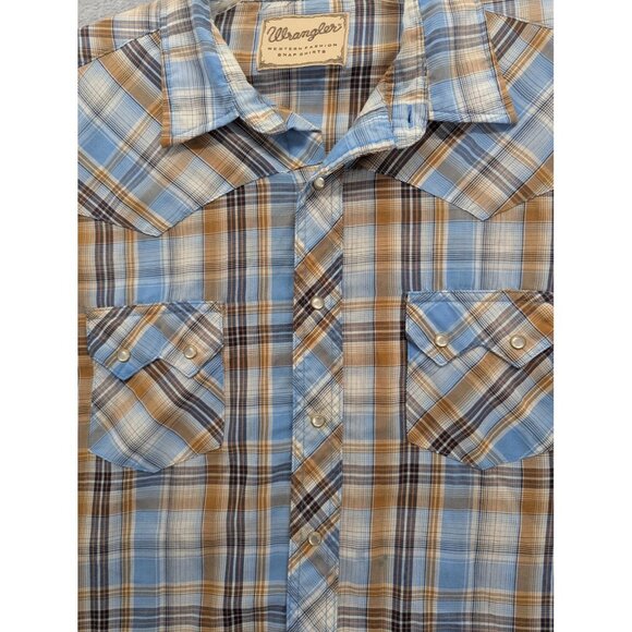 Wrangler Shirt Mens 2XL Blue Brown Plaid Western Pearl Snap Short Sleeve Cowboy - Picture 2 of 8